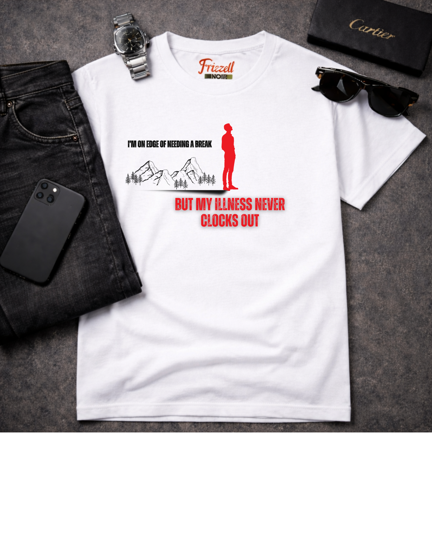 Illness Never Clocks Out | Frizell Noir T-shirt