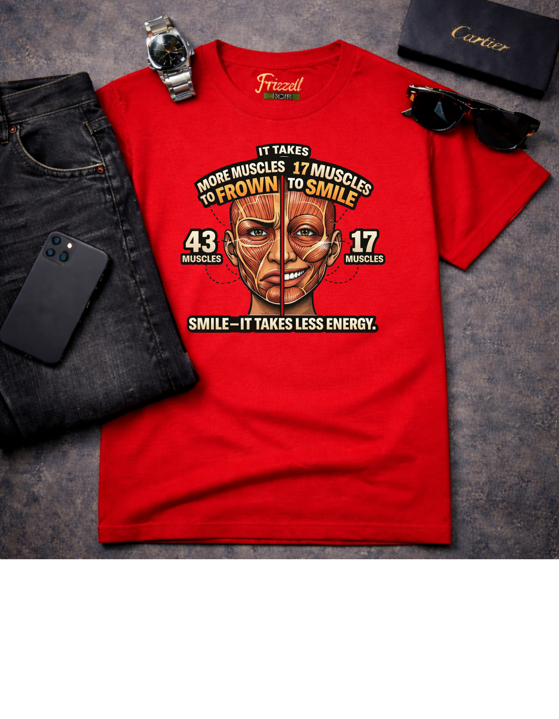 Smile Facts T‑Shirt — 'It Takes 43 Muscles to Frown, 17 to Smile' Vintage Anatomy Tee