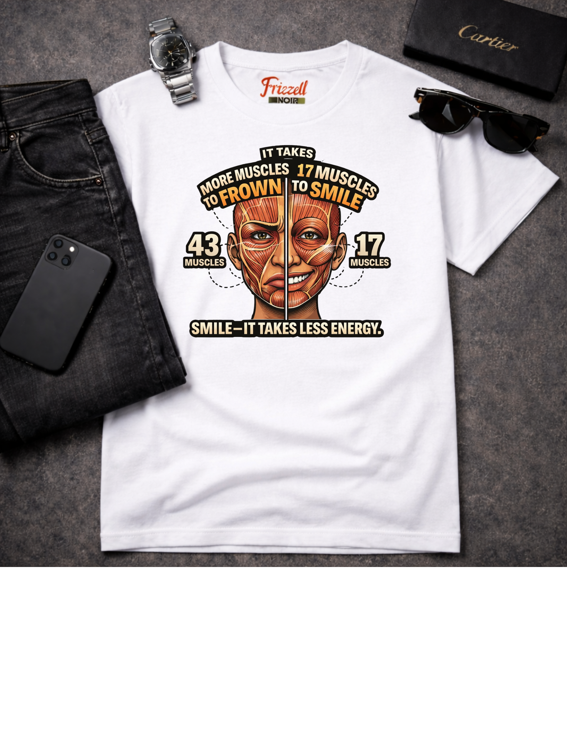 Smile Facts T‑Shirt — 'It Takes 43 Muscles to Frown, 17 to Smile' Vintage Anatomy Tee