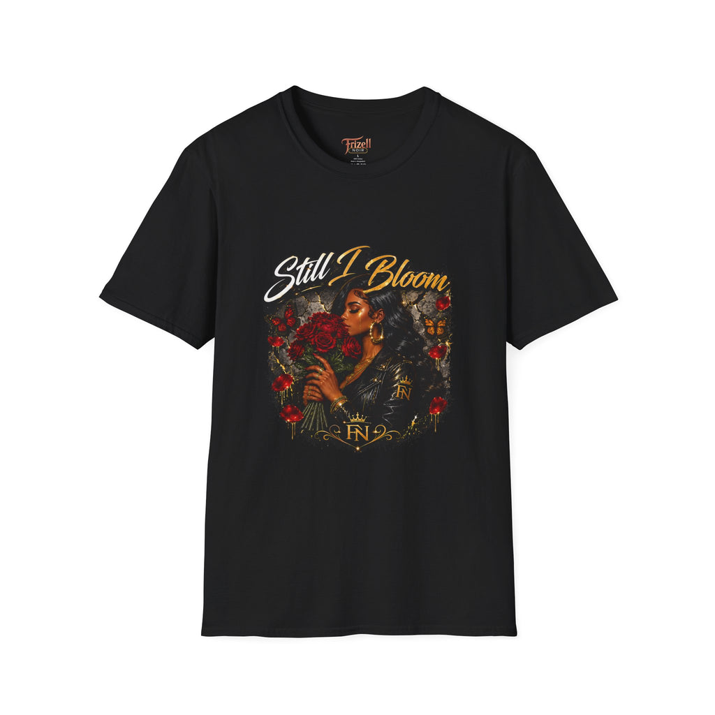 Frizell Noir Still I Bloom Tee black graphic t-shirt on flat lay on white background 