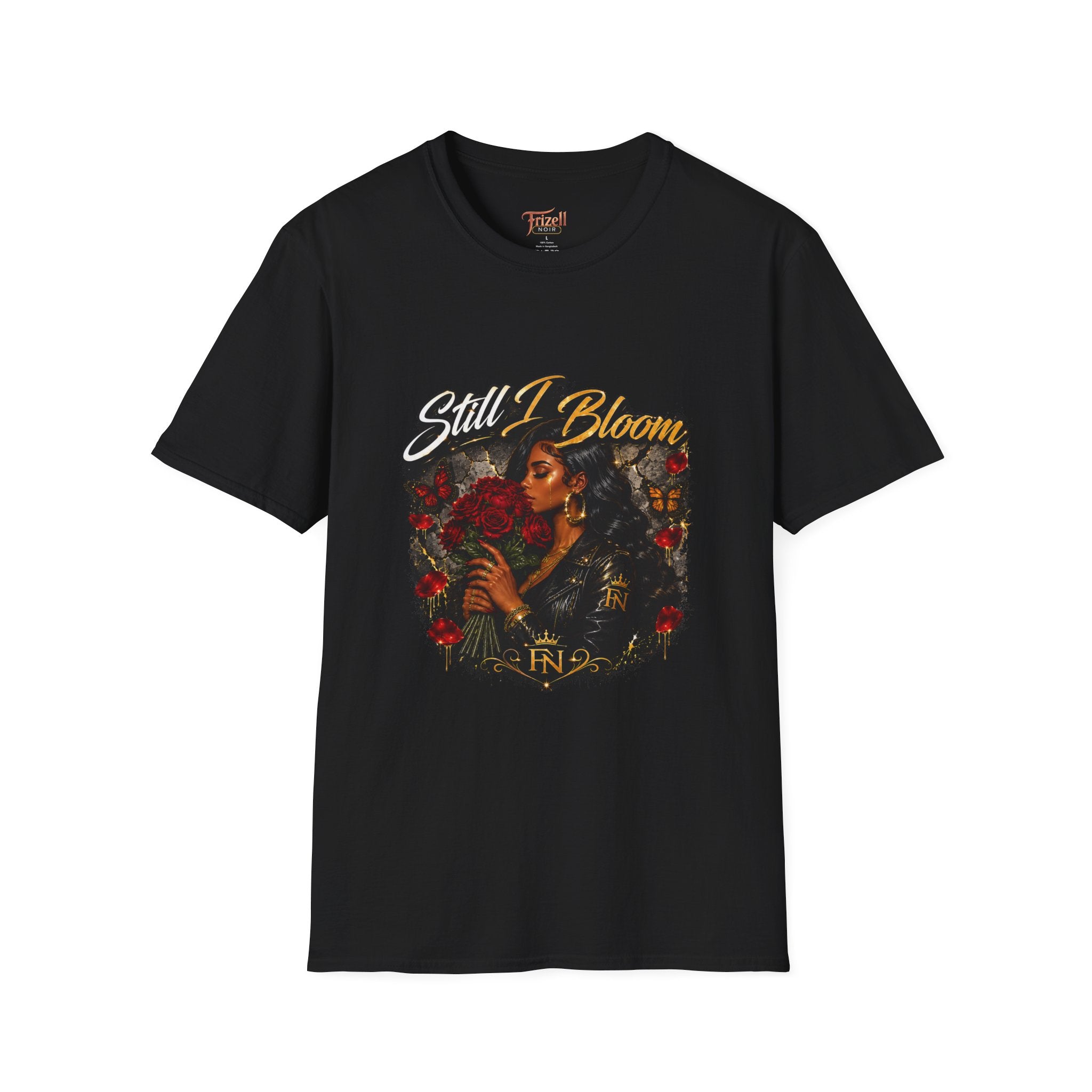 Frizell Noir Still I Bloom Tee black graphic t-shirt on flat lay on white background 
