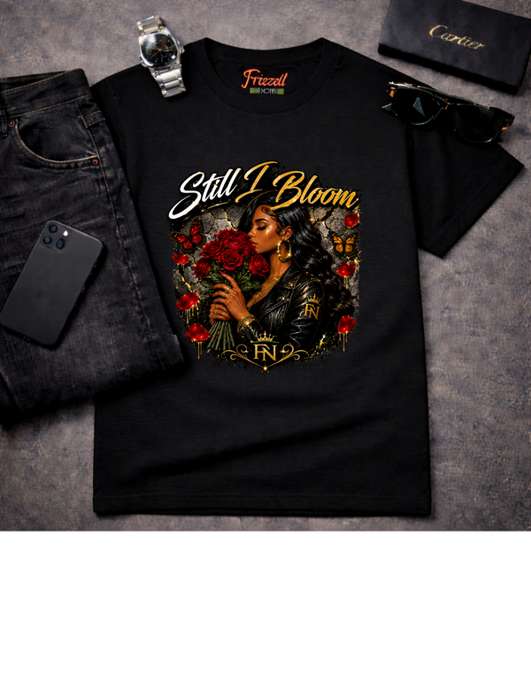 Frizell Noir Still I Bloom Women’s Softstyle Graphic Tee black graphic t-shirt front view 