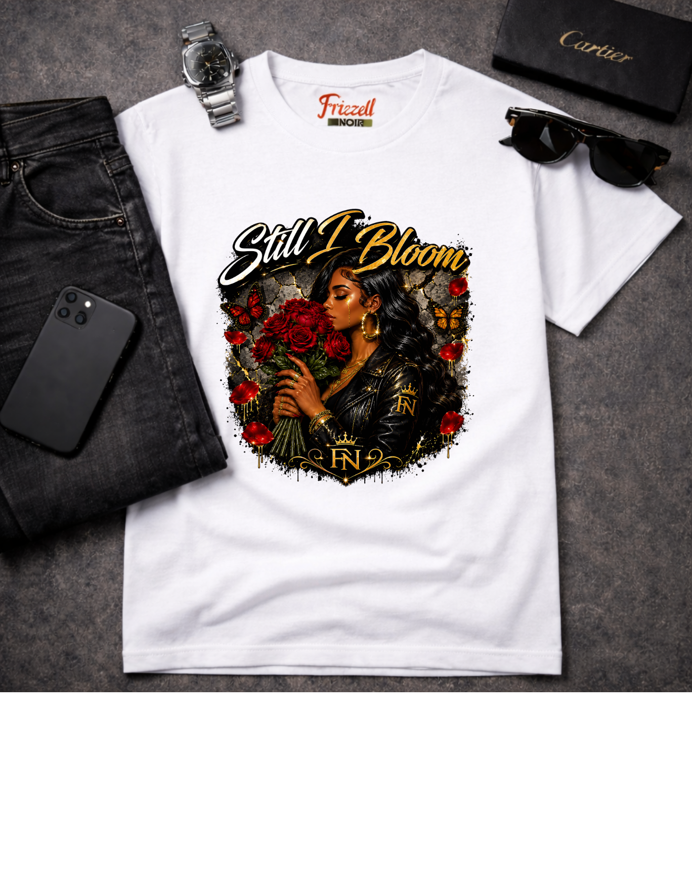 Frizell Noir Still I Bloom white graphic t-shirt flat lay on gray background 