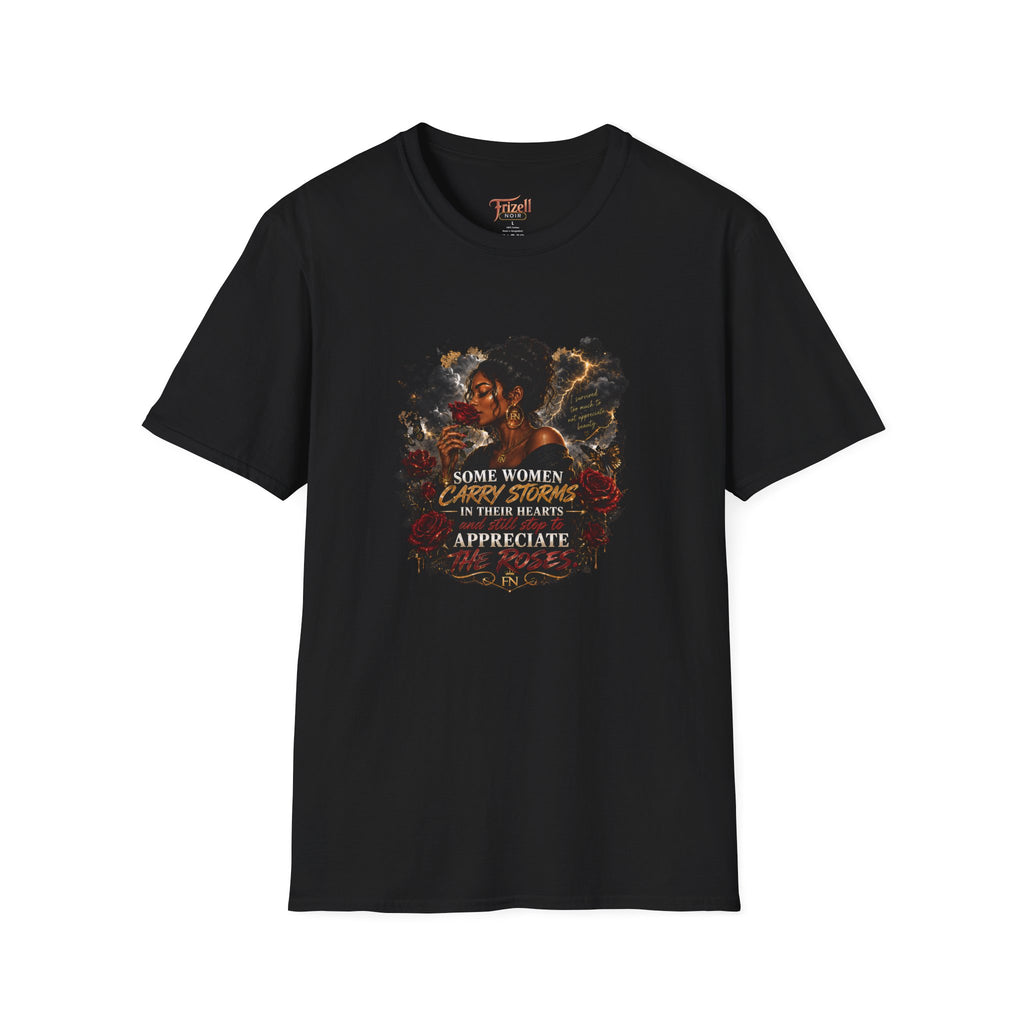 Frizell noir Some Women Carry Storms tee black graphic t-shirt flat lay on white background 