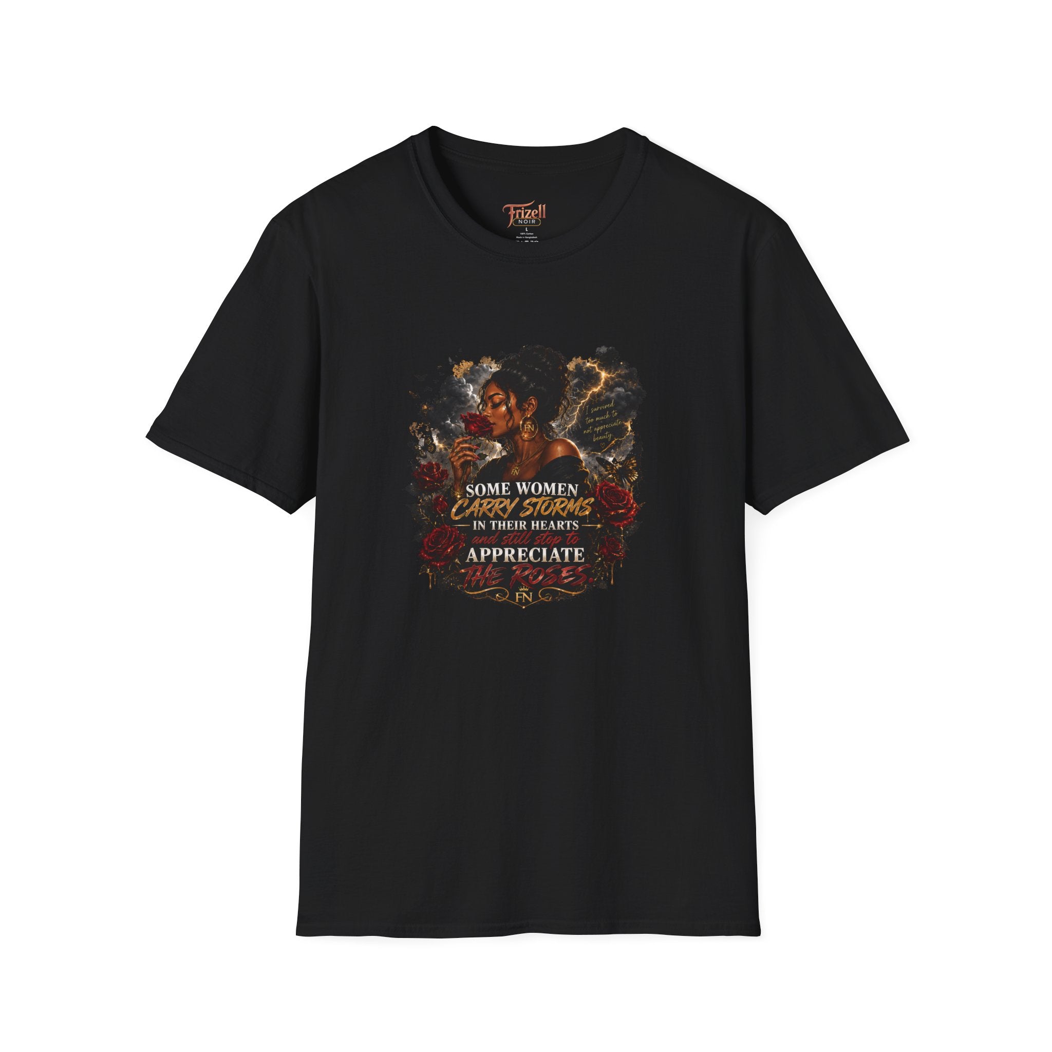 Frizell noir Some Women Carry Storms tee black graphic t-shirt flat lay on white background 