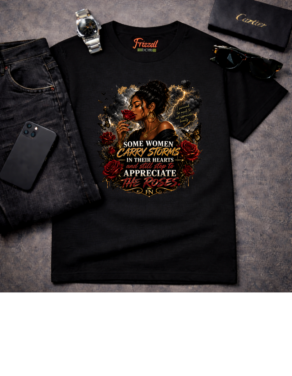Frizell noir Some Women Carry Storms tee black graphic t-shirt flat lay on grey background 