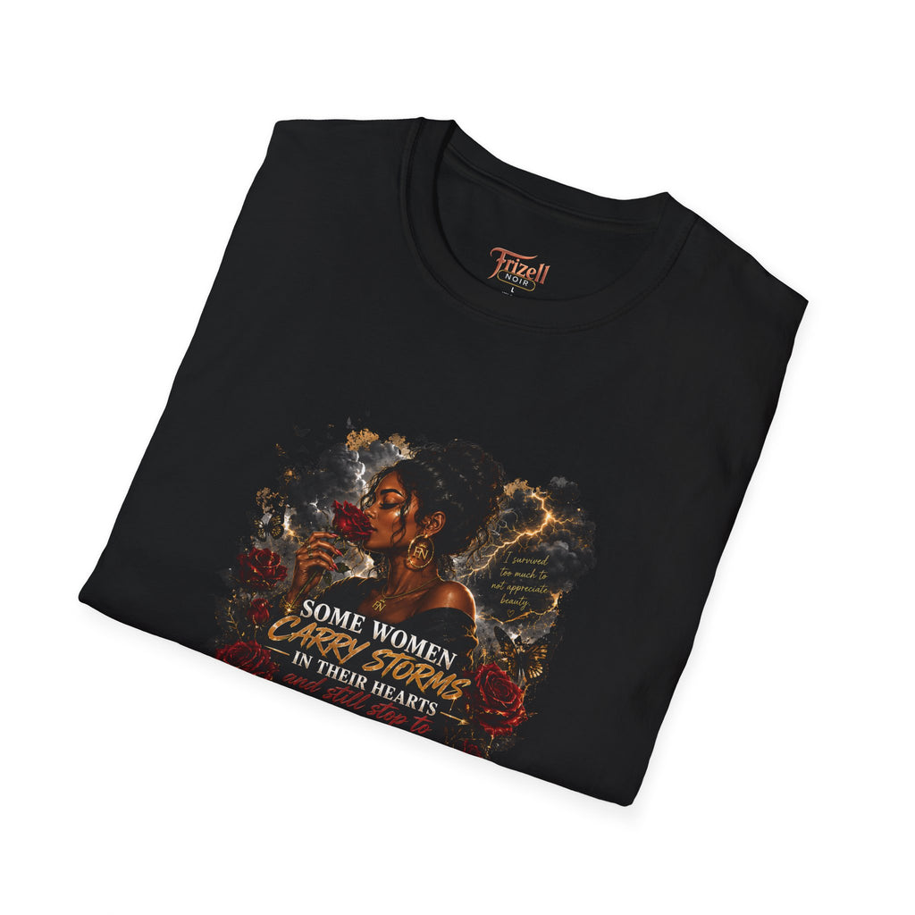 Frizell noir Some Women Carry Storms tee black graphic t-shirt folded on white background 