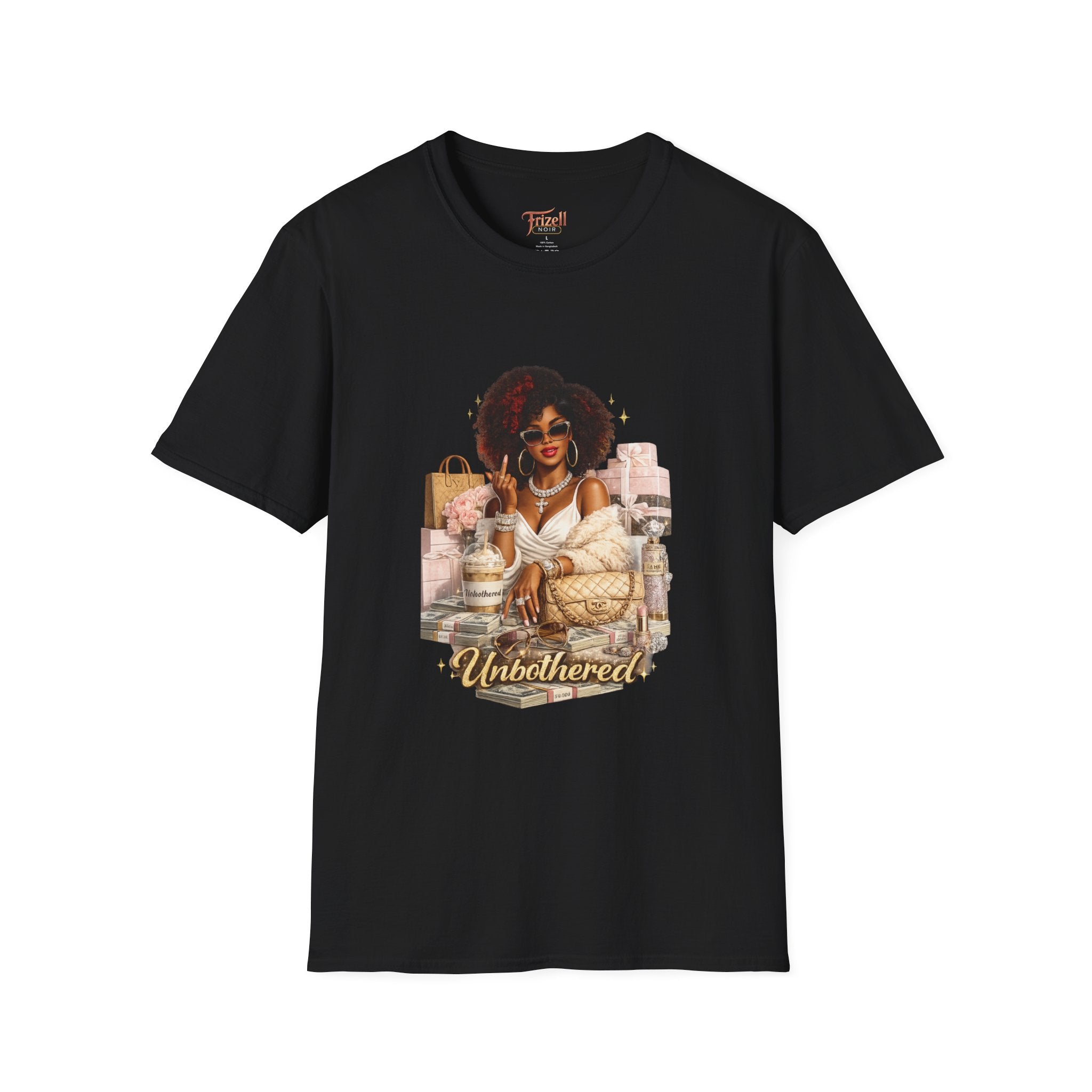 Frizell noir Unbothered Afro Chic black graphic T‑Shirt — Relaxed Self‑Care Vibes flat lay on white background 
