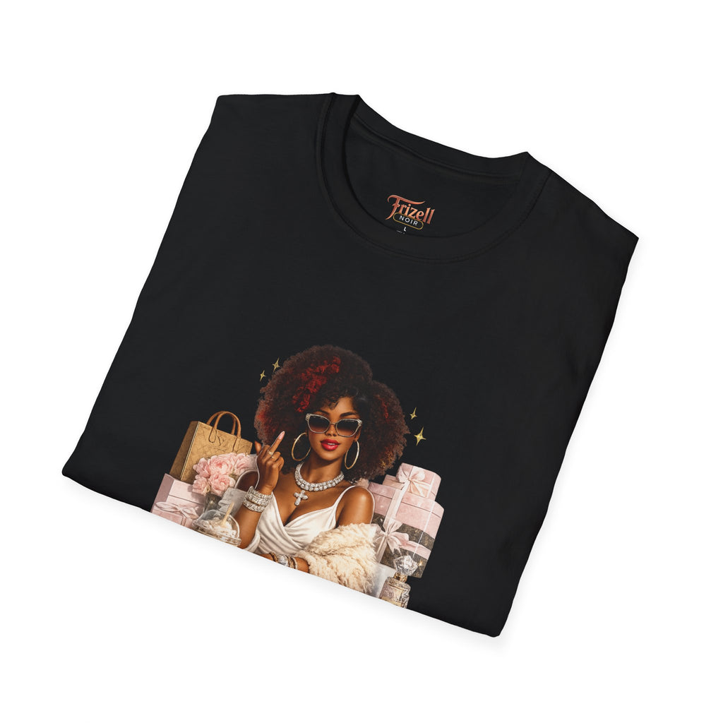 Frizell noir Unbothered Afro Chic black graphic T‑Shirt — Relaxed Self‑Care Vibes folded on white background 
