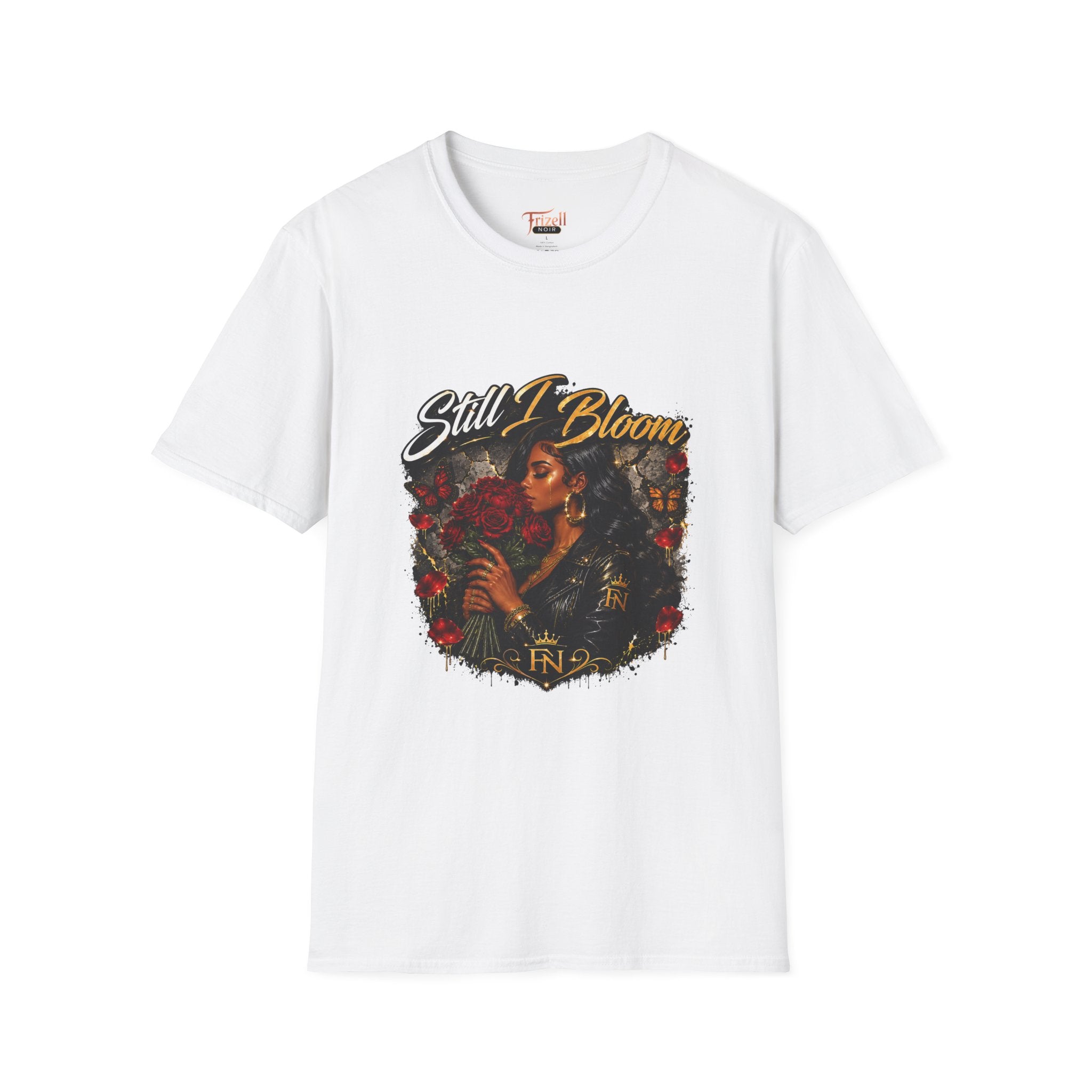 Frizell noir still i bloom tee white graphic t-shirt flat lay on white background 