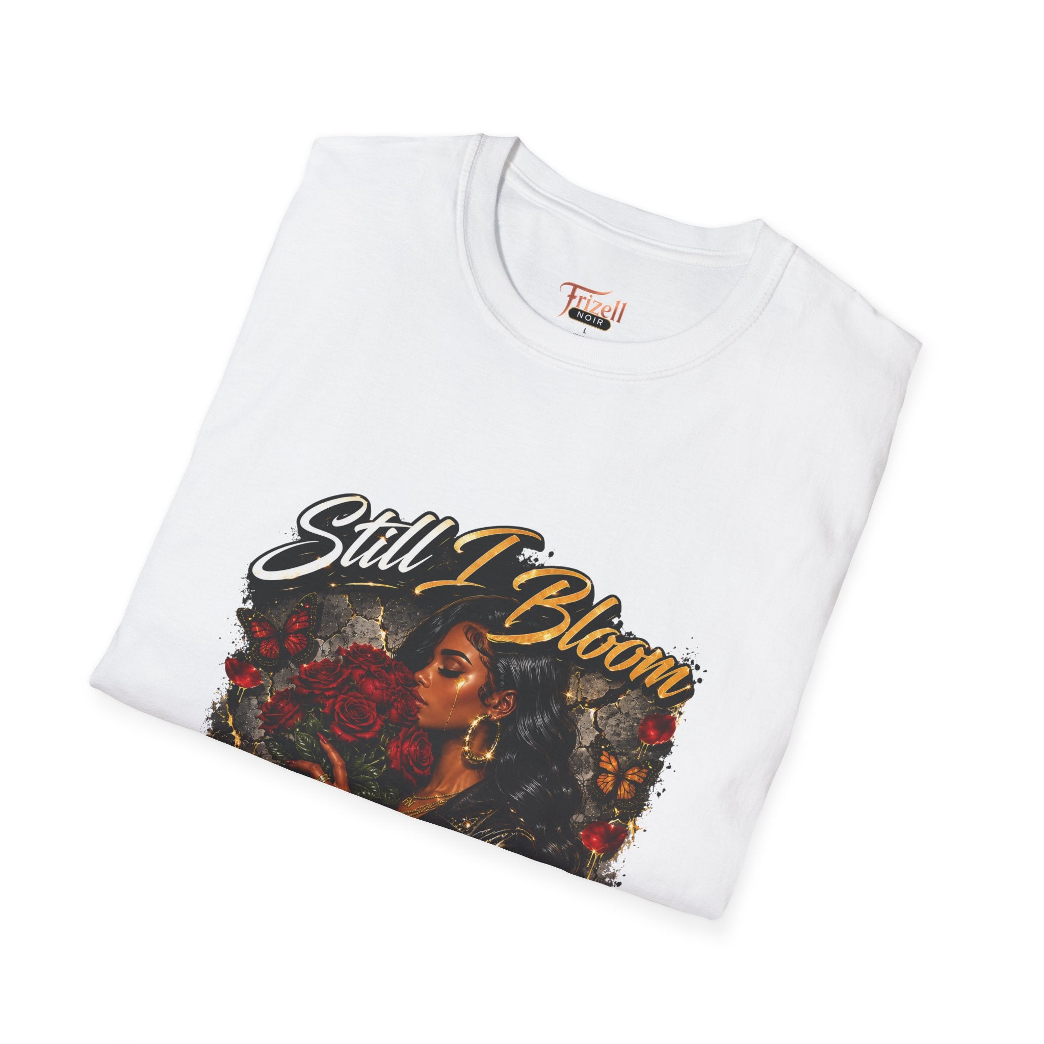 Frizell noir still i bloom tee white graphic t-shirt folded on white background 