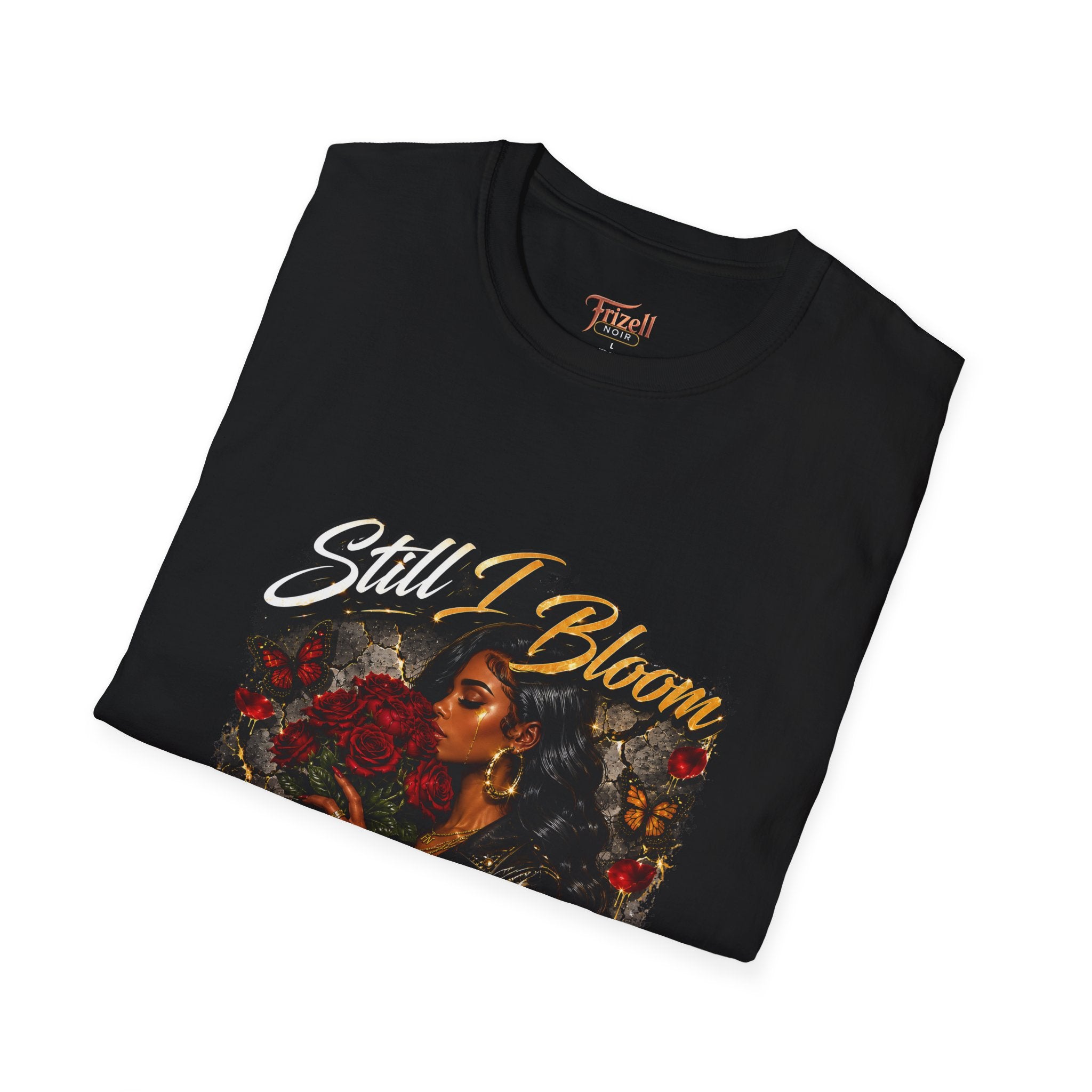 Frizell Noir Still I Bloom Tee black graphic t-shirt on folded on white background  