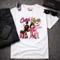 Frizell Noir Catch Flights Not Drama Women's Graphic Tee – White t-shirt featuring two stylish women with luggage, bold travel-themed streetwear design