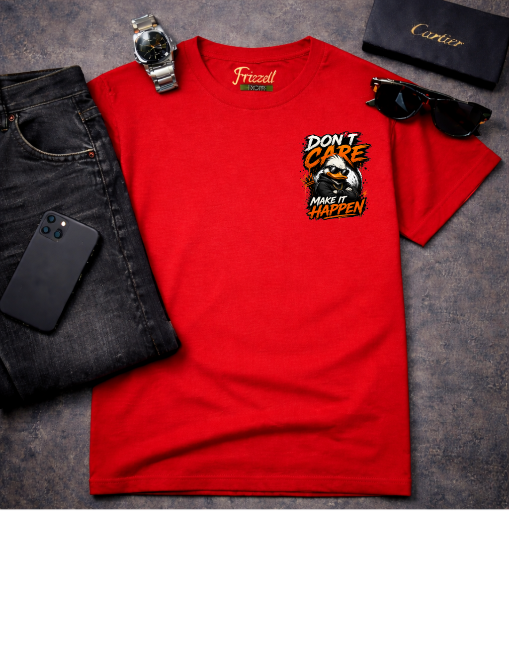 Frizell Noir Don't Care Make It Happen red T-Shirt – Motivational dark luxury streetwear tee with bold statement design