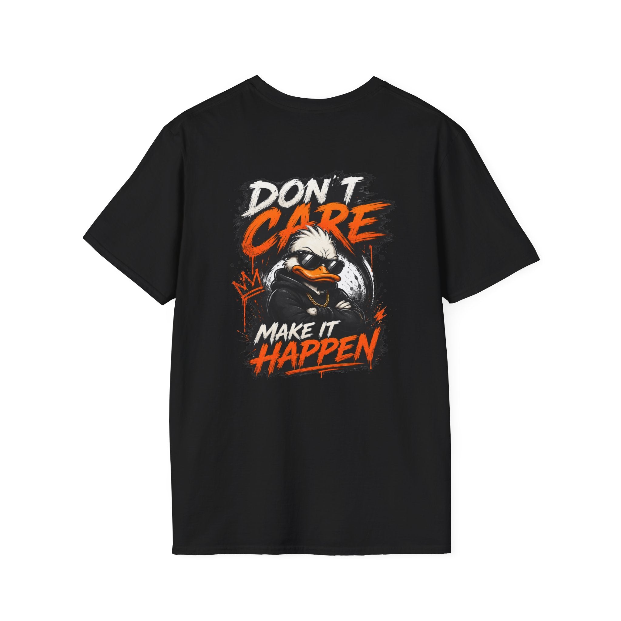 Frizell Noir Don't Care Make It Happen Graphic T-Shirt – Black tee featuring bold orange and white motivational typography with fierce duck character graphic