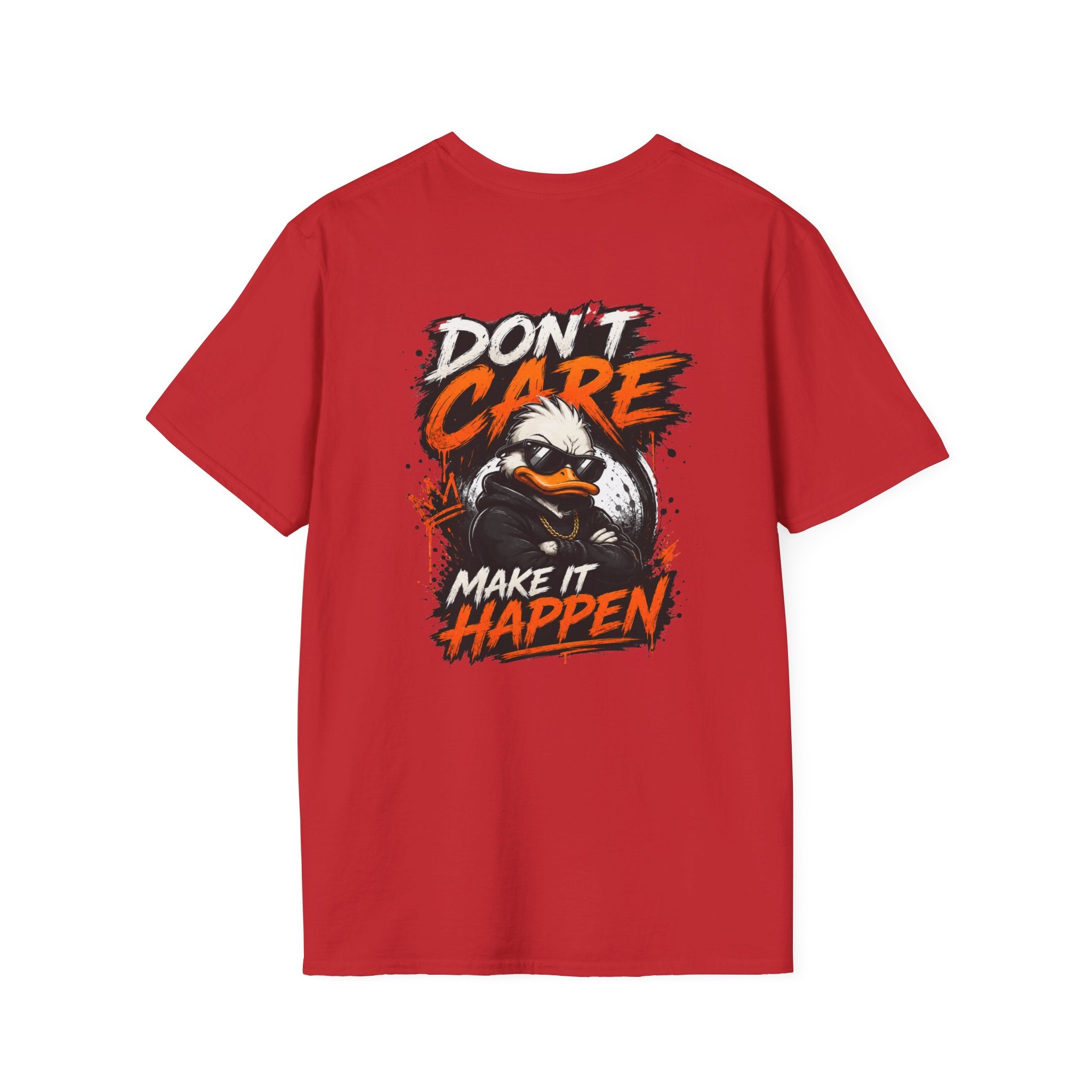 Frizell Noir Don't Care Make It Happen Graphic T-Shirt – red tee featuring bold orange and white motivational typography with fierce duck character graphic