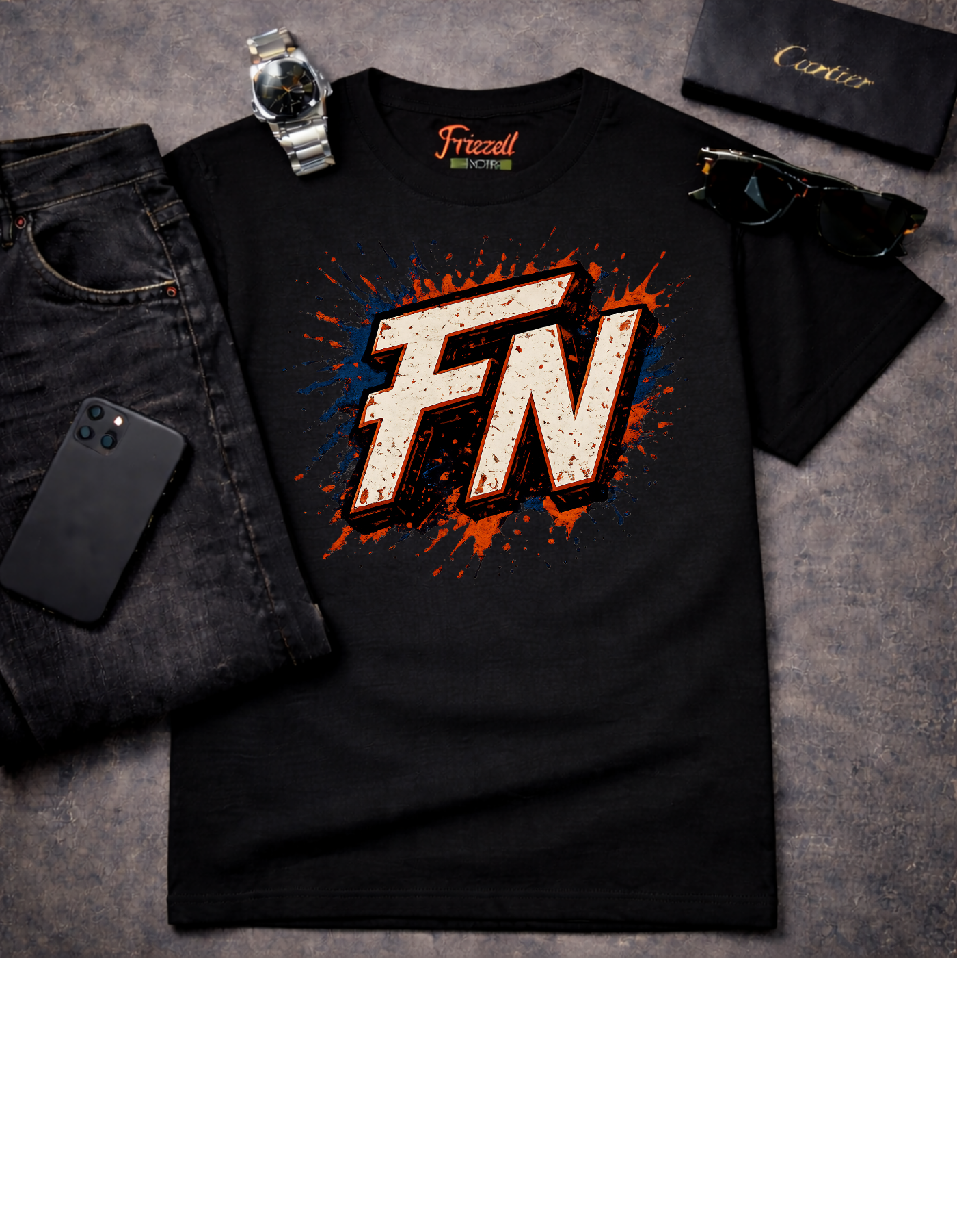 Frizell Noir FN Certified Graphic black T-Shirt – Bold dark luxury streetwear tee with FN Certified branding