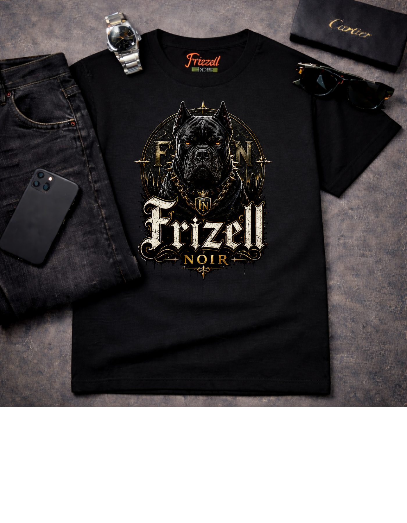 Frizell Noir FN Guardian Tee – Black t-shirt with gold Cane Corso and Frizell Noir gothic lettering, styled flat lay with watch and sunglasses
