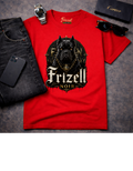 Frizell Noir FN Guardian Tee – red t-shirt with gold Cane Corso and Frizell Noir gothic lettering, styled flat lay with watch and sunglasses