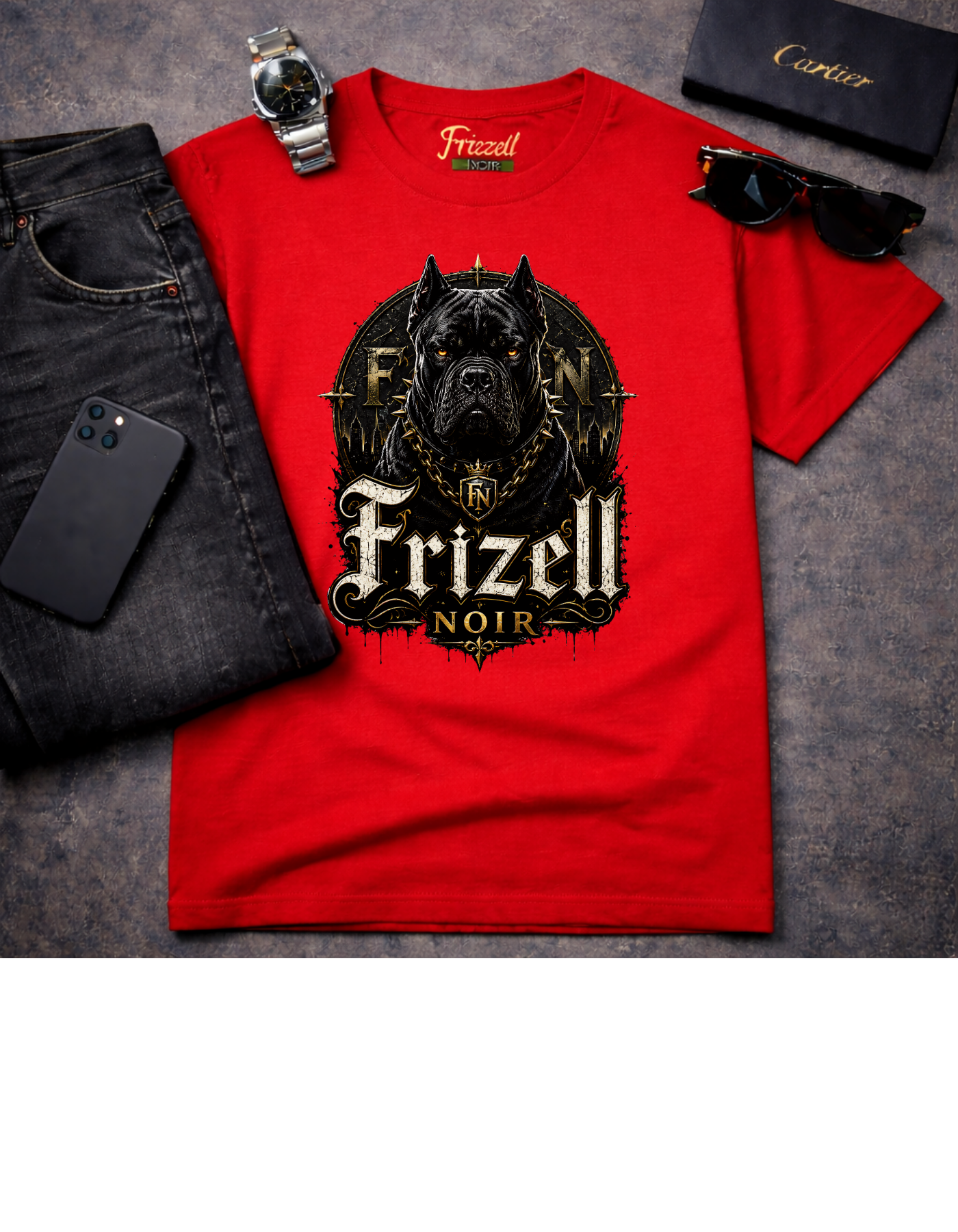 Frizell Noir FN Guardian Tee – red t-shirt with gold Cane Corso and Frizell Noir gothic lettering, styled flat lay with watch and sunglasses