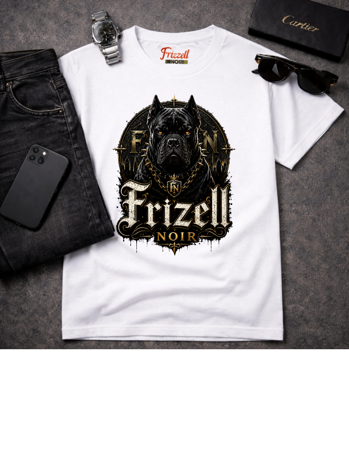 Frizell Noir FN Guardian Tee – white t-shirt with gold Cane Corso and Frizell Noir gothic lettering, styled flat lay with watch and sunglasses