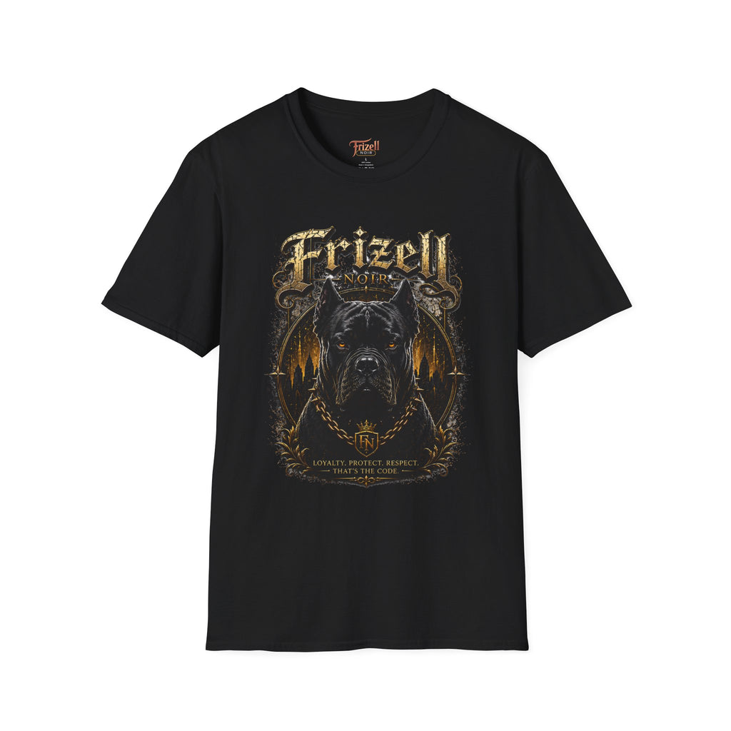 Frizell Noir Loyalty Code Cane Corso black Graphic Tee – Bold streetwear design featuring a Cane Corso dog graphic