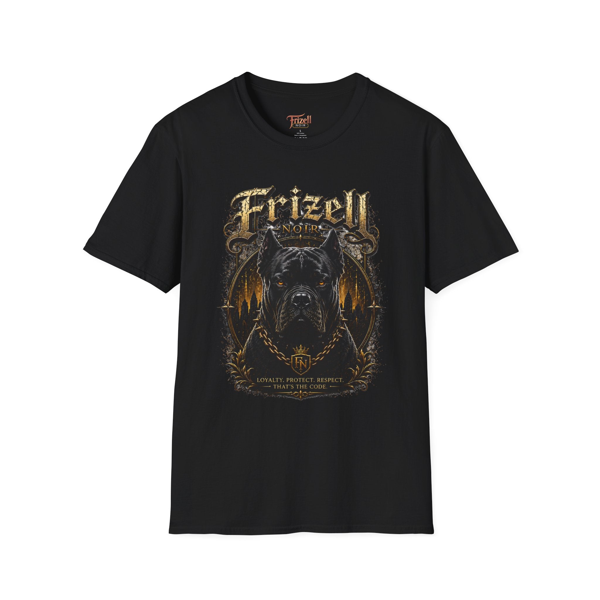 Frizell Noir Loyalty Code Cane Corso black Graphic Tee – Bold streetwear design featuring a Cane Corso dog graphic
