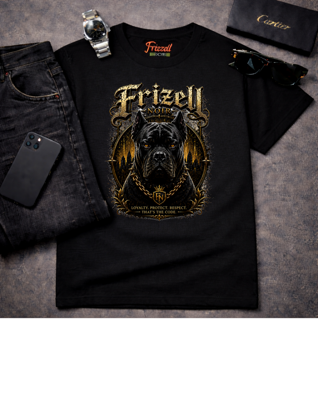 Frizell Noir Loyalty Code Cane Corso black Graphic Tee – Bold streetwear design featuring a Cane Corso dog graphic