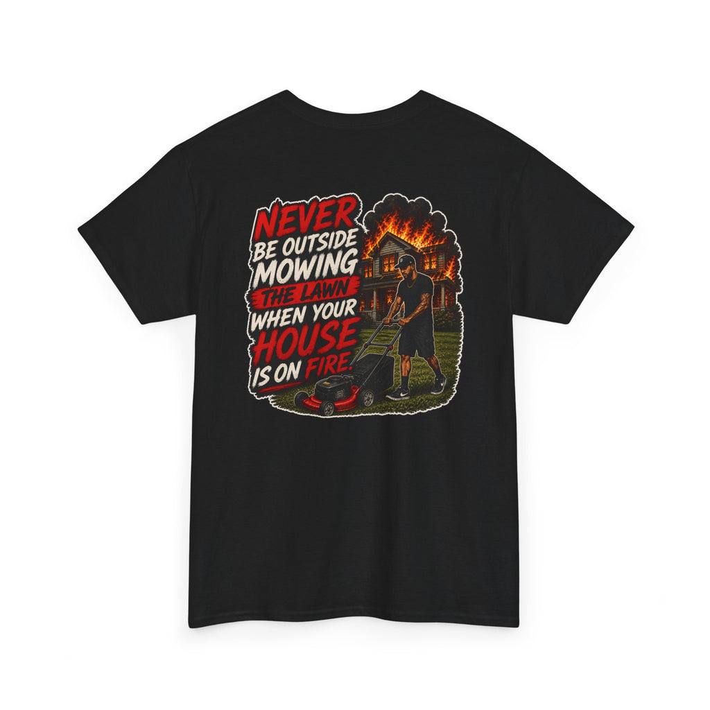 Frizell Noir Mowing Through Chaos T-Shirt – black tee featuring bold red and black graphic of a man mowing while his house burns, humorous dark streetwear design
