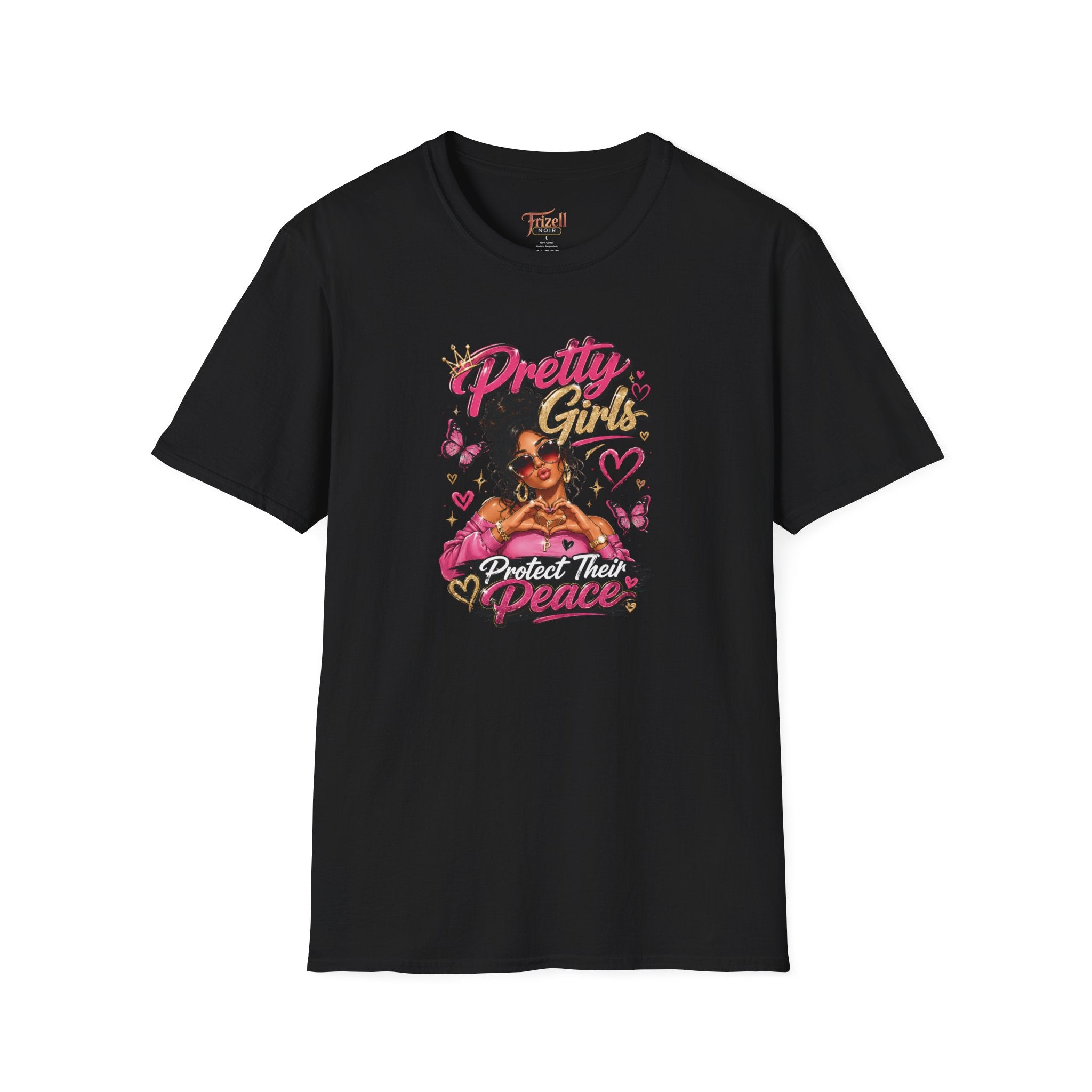 Frizell Noir Pretty Girls Protect Their Peace Women's Graphic Tee – black t-shirt featuring a confident woman with bold empowerment graphic design