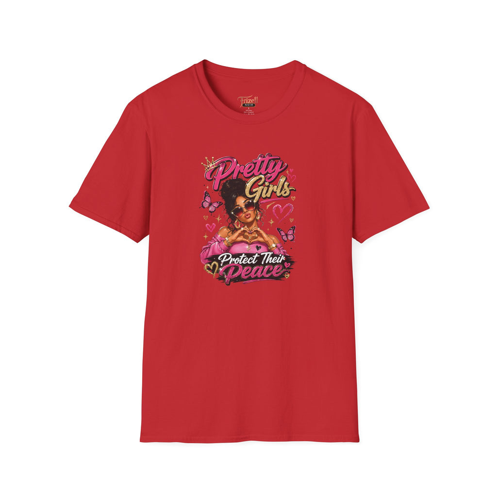 Frizell Noir Pretty Girls Protect Their Peace Women's Graphic Tee – Red t-shirt featuring a confident woman with bold empowerment graphic design