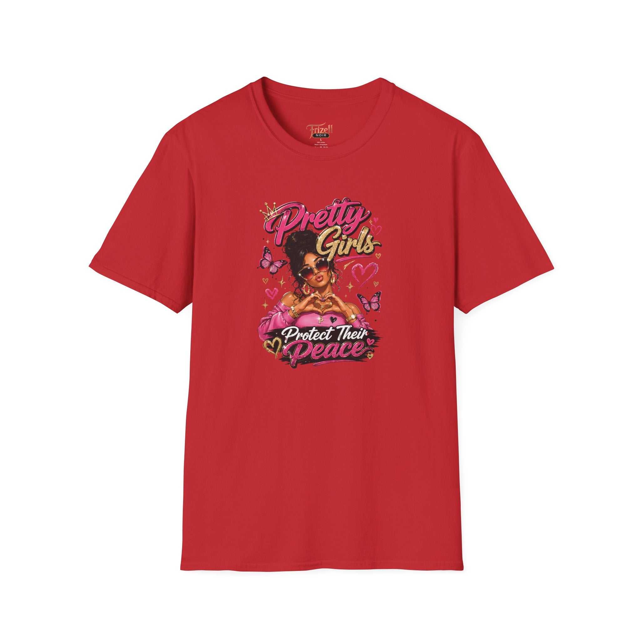 Frizell Noir Pretty Girls Protect Their Peace Women's Graphic Tee – Red t-shirt featuring a confident woman with bold empowerment graphic design