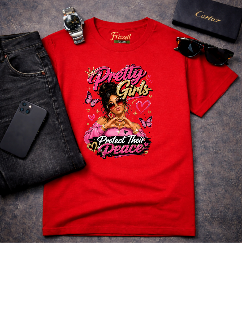 Frizell Noir Pretty Girls Protect Their Peace Women's Graphic Tee – Red t-shirt featuring a confident woman with bold empowerment graphic design
