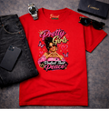 Frizell Noir Pretty Girls Protect Their Peace Women's Graphic Tee – Red t-shirt featuring a confident woman with bold empowerment graphic design