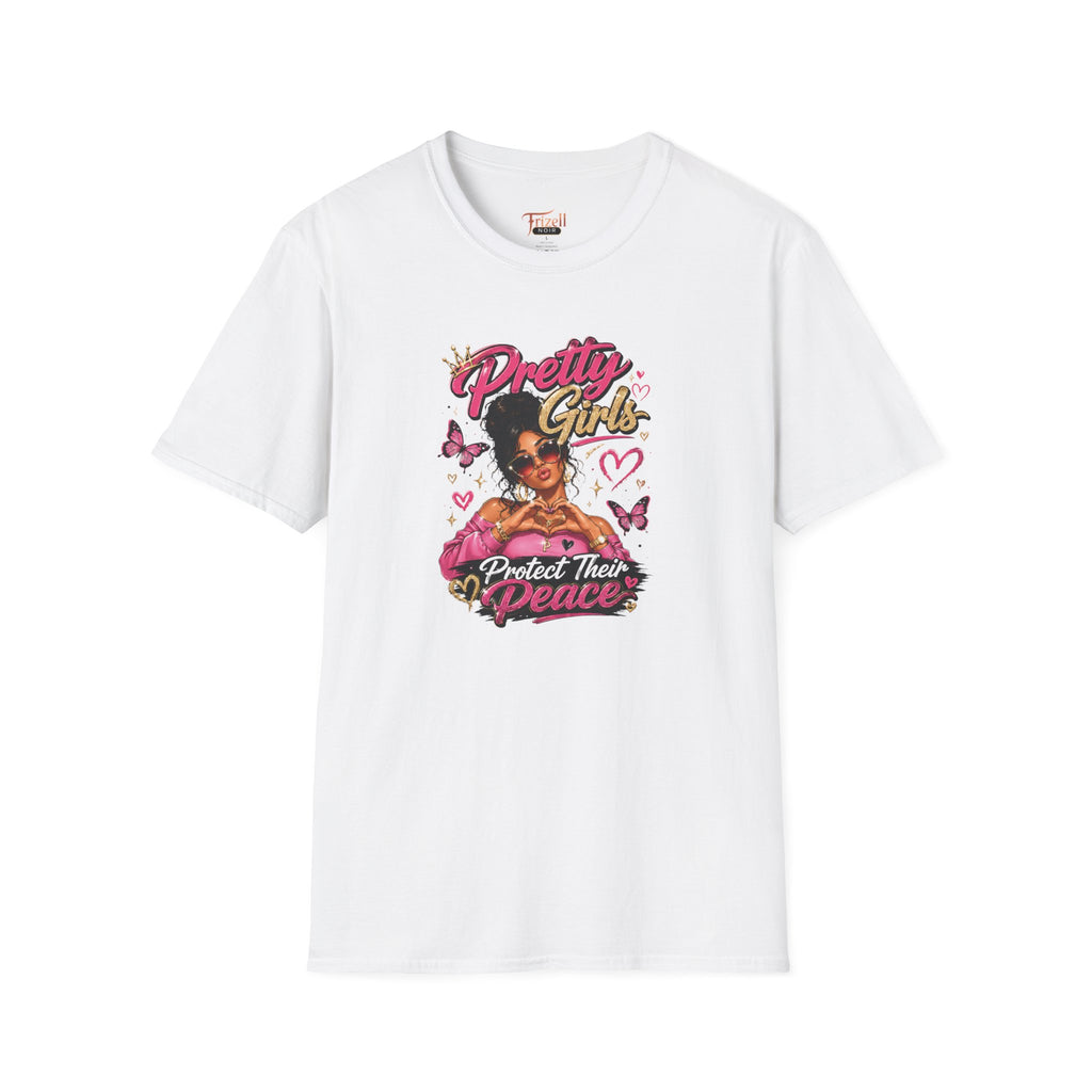 Frizell Noir Pretty Girls Protect Their Peace Women's Graphic Tee – white t-shirt featuring a confident woman with bold empowerment graphic design