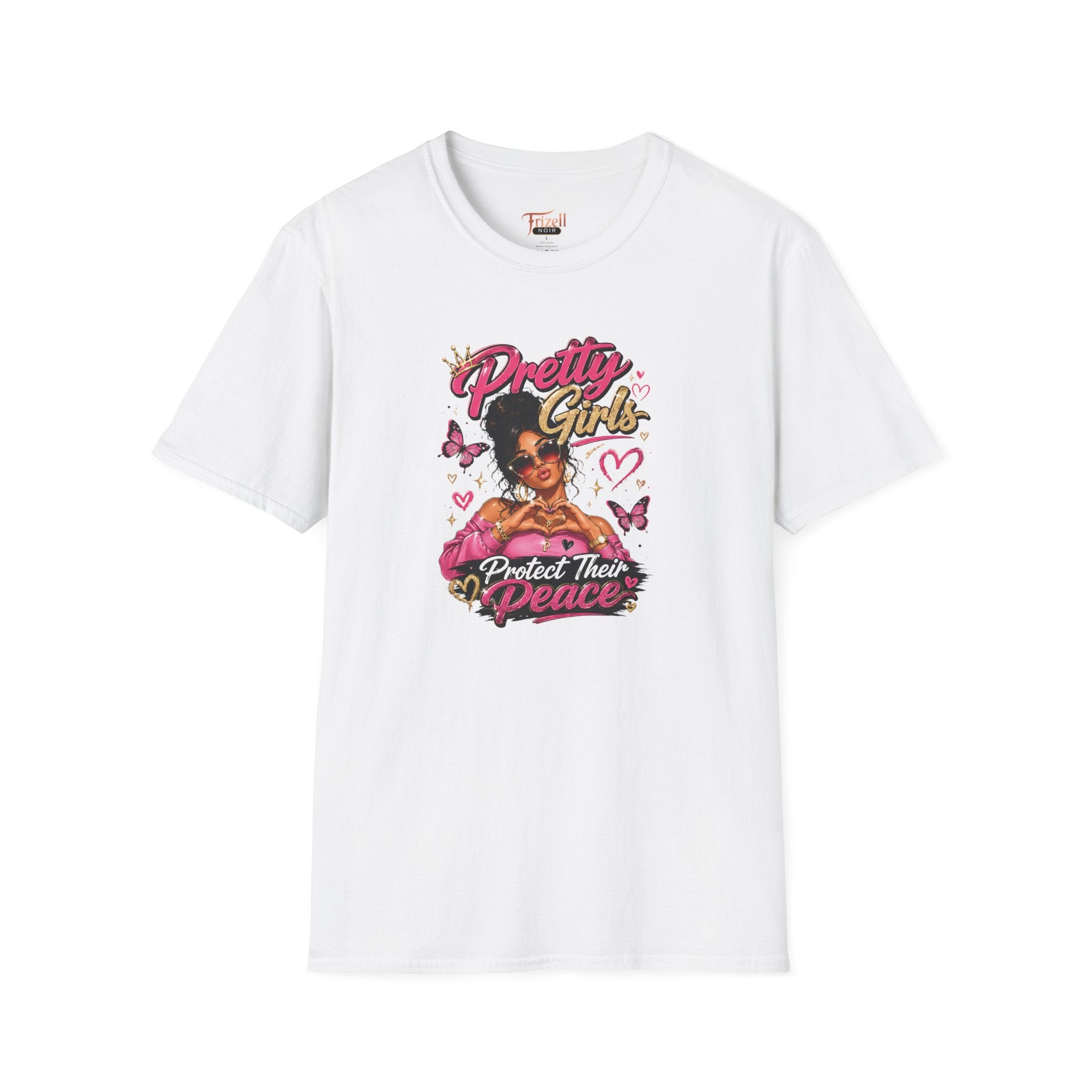 Frizell Noir Pretty Girls Protect Their Peace Women's Graphic Tee – white t-shirt featuring a confident woman with bold empowerment graphic design
