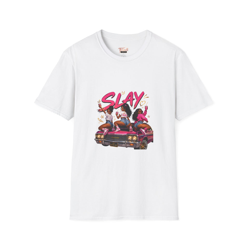 Frizell Noir SLAY Women's Graphic Tee – white t-shirt featuring three confident women on a classic pink Chevy, bold streetwear design folded