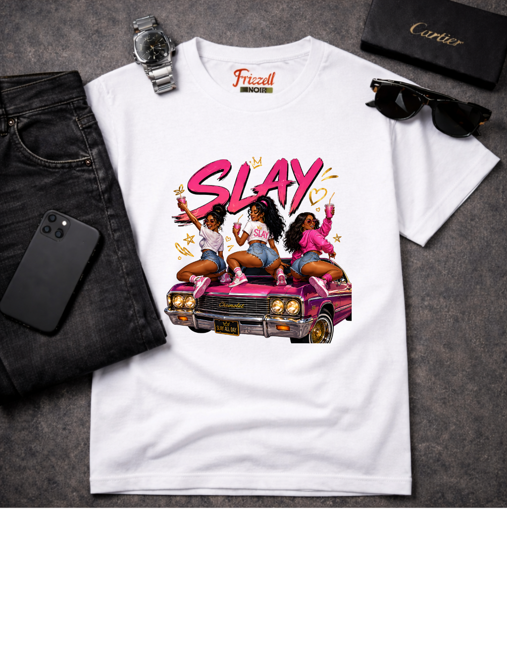 Frizell Noir SLAY Women's Graphic Tee – white t-shirt featuring three confident women on a classic pink Chevy, bold streetwear design