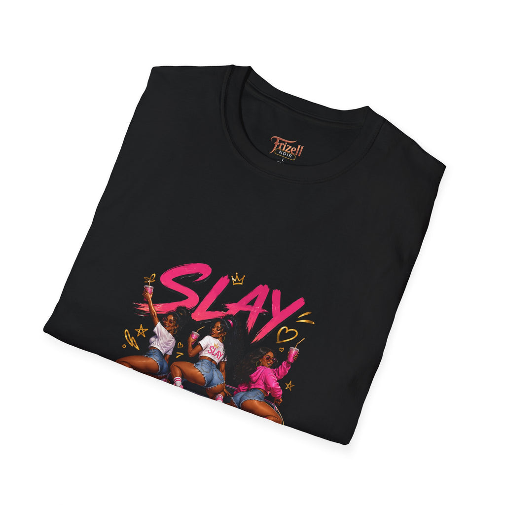 Frizell Noir SLAY Women's Graphic Tee – black t-shirt featuring three confident women on a classic pink Chevy, bold streetwear design folded