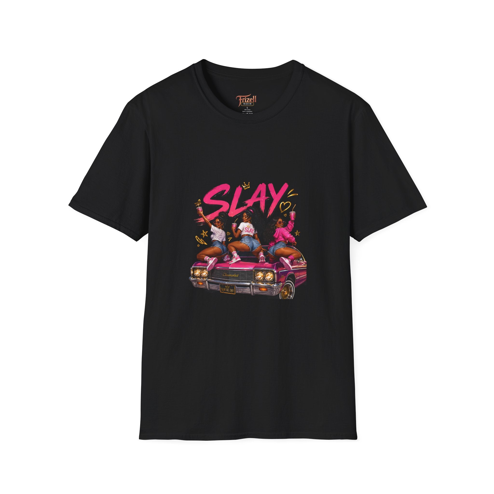 Frizell Noir SLAY Women's Graphic Tee – black t-shirt featuring three confident women on a classic pink Chevy, bold streetwear design