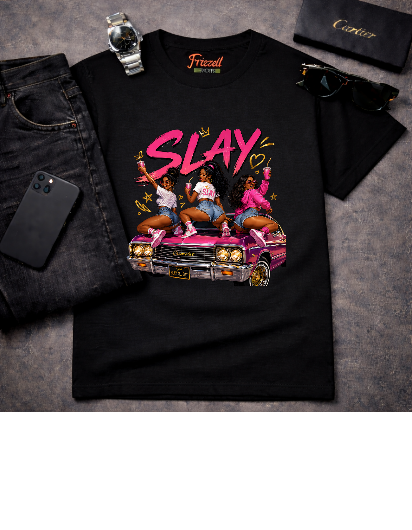 Frizell Noir SLAY Women's Graphic Tee – Black t-shirt featuring three confident women on a classic pink Chevy, bold streetwear design