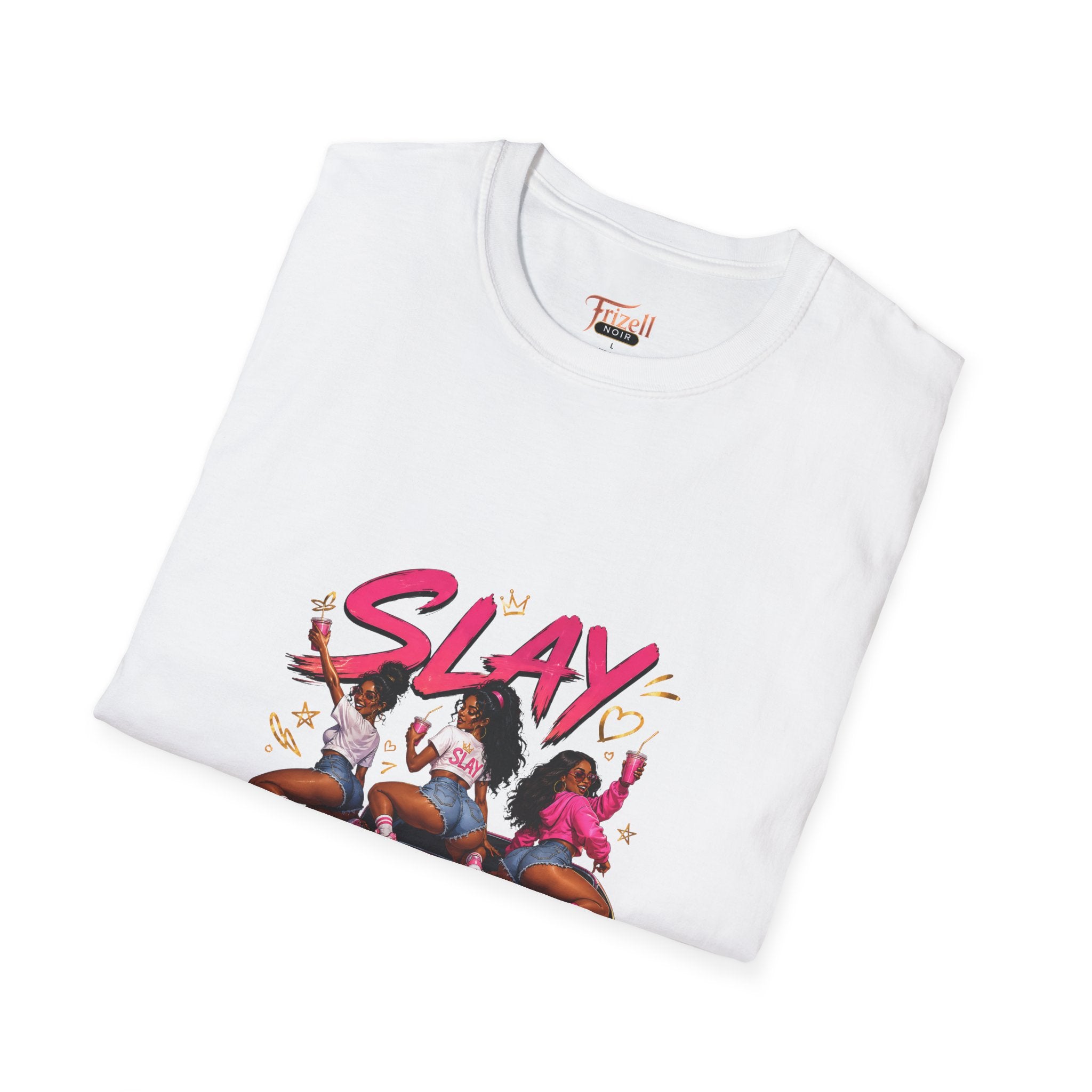 Frizell Noir SLAY Women's Graphic Tee – white t-shirt featuring three confident women on a classic pink Chevy, bold streetwear design folded