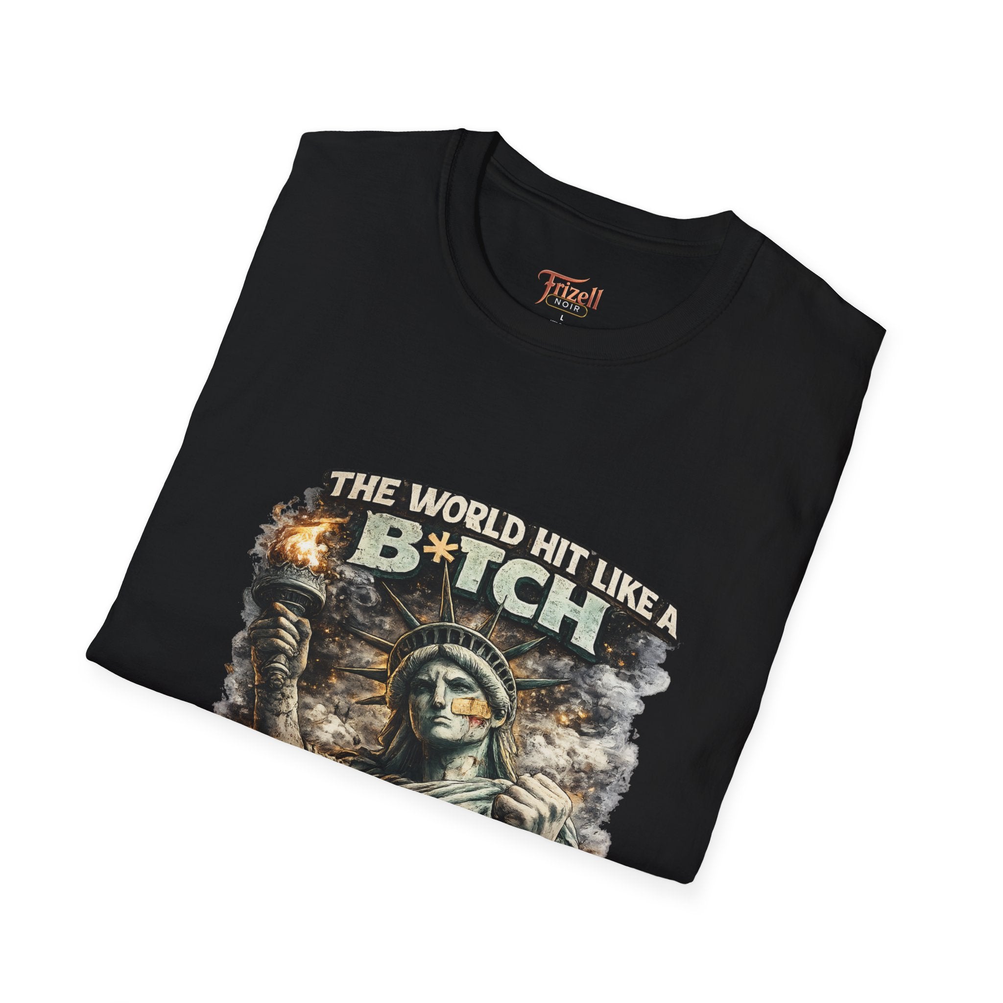 Frizell Noir The World Hit Like a B*tch Tee black graphic t-shirt folded on white background
