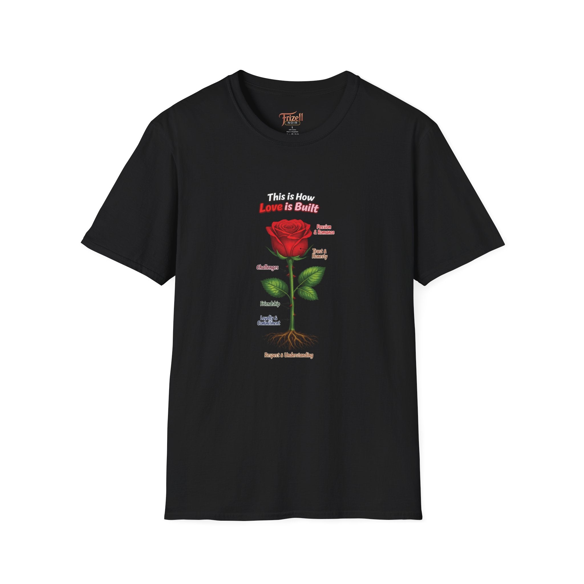 Frizell Noir This Is How Love Is Built Women's Graphic Tee – black t-shirt featuring a detailed rose anatomy illustration, romantic luxury streetwear design