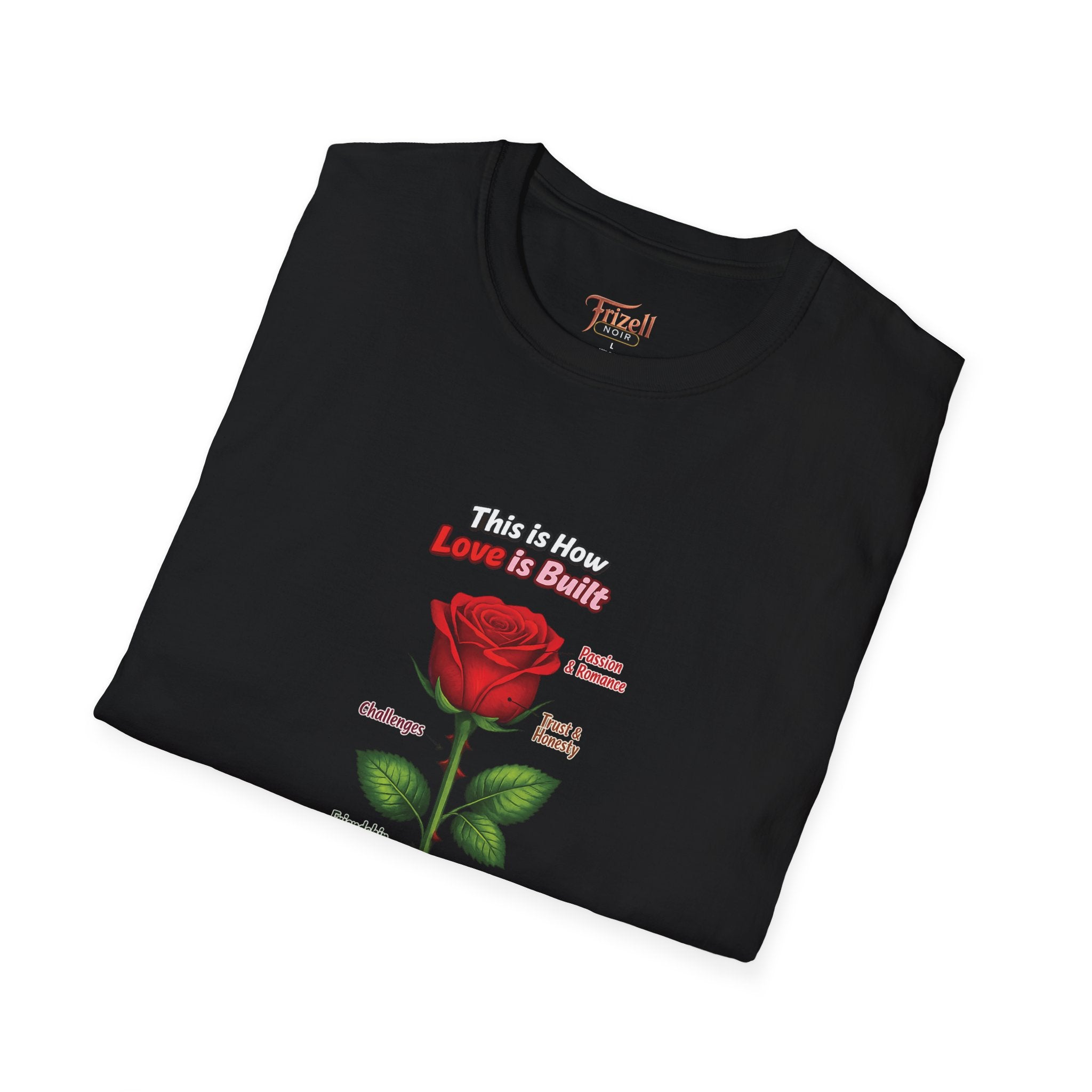 Frizell Noir This Is How Love Is Built Women's Graphic Tee – black t-shirt featuring a detailed rose anatomy illustration, romantic luxury streetwear design