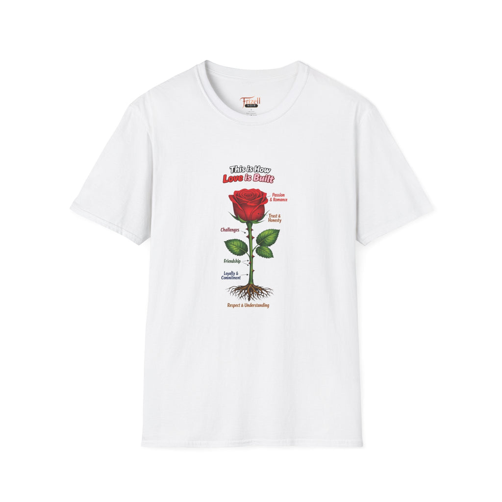 Frizell Noir This Is How Love Is Built Women's Graphic Tee – White t-shirt featuring a detailed rose anatomy illustration, romantic luxury streetwear design