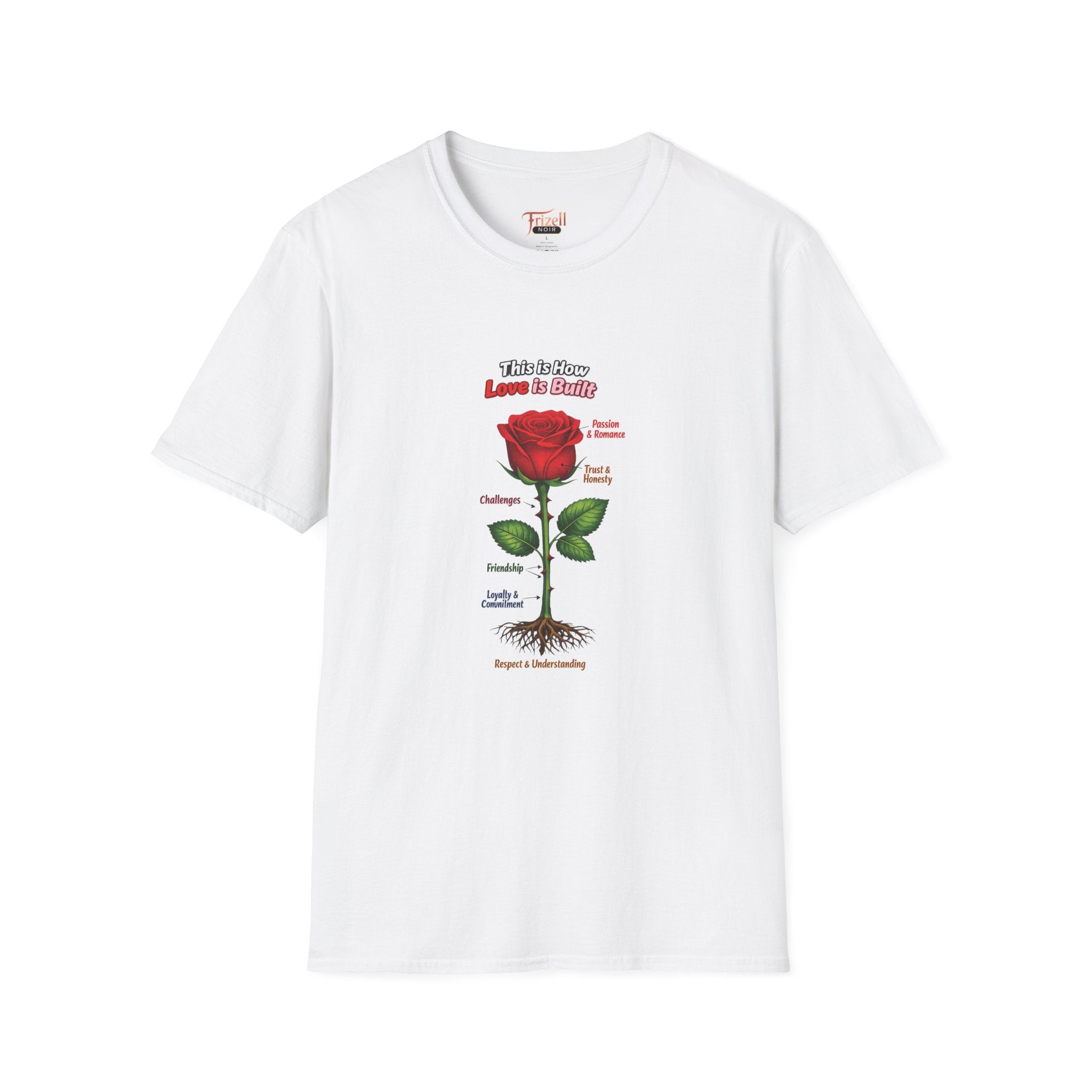 Frizell Noir This Is How Love Is Built Women's Graphic Tee – White t-shirt featuring a detailed rose anatomy illustration, romantic luxury streetwear design