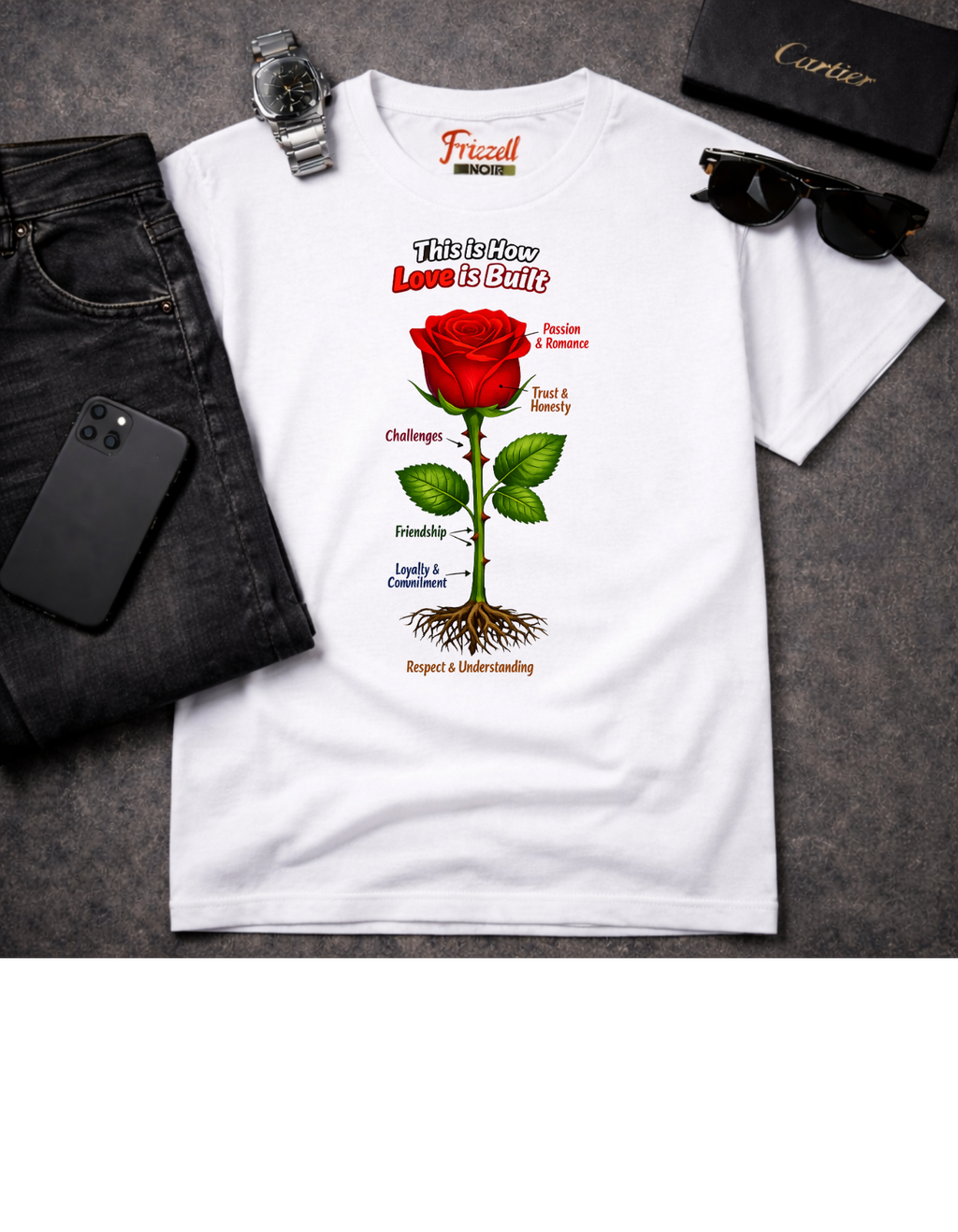 Frizell Noir This Is How Love Is Built Women's Graphic Tee – White t-shirt featuring a detailed rose anatomy illustration, romantic luxury streetwear design