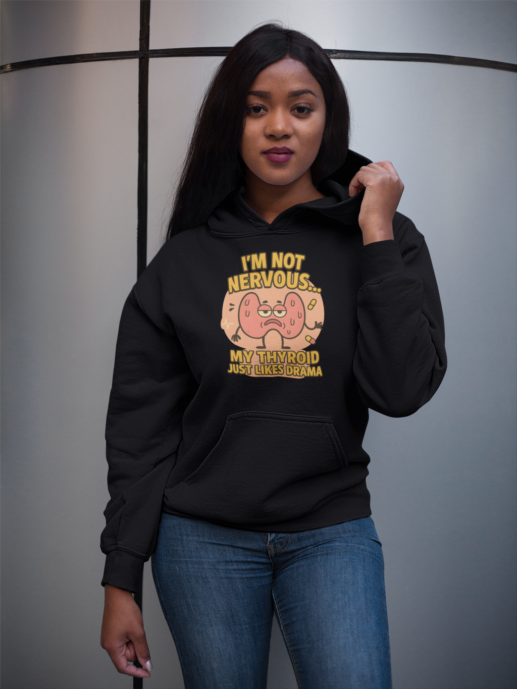 "Women's thyroid warrior wave wash hoodie black front view