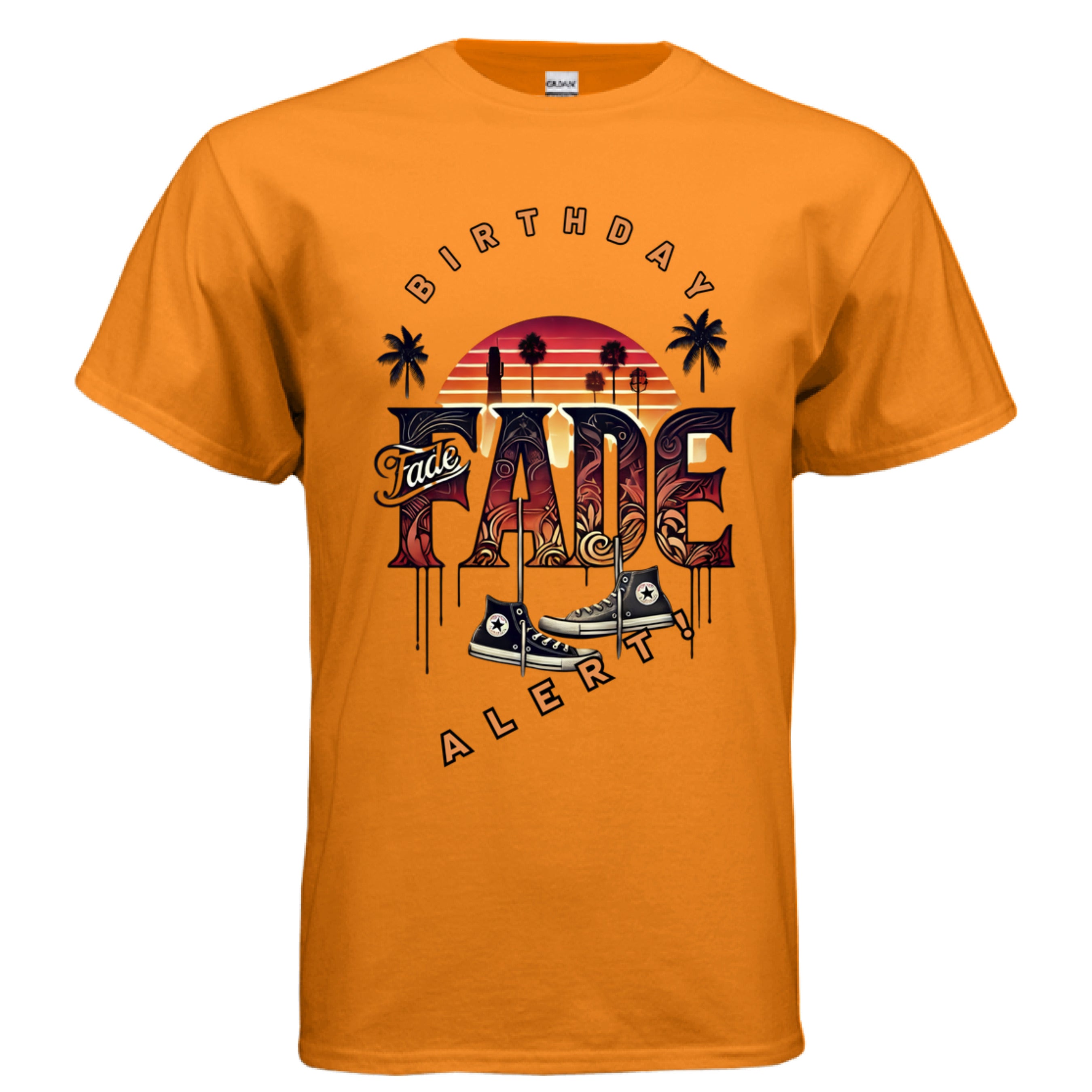 Fade Birthday Vs Everybody graphic t-shirt safety orange front view